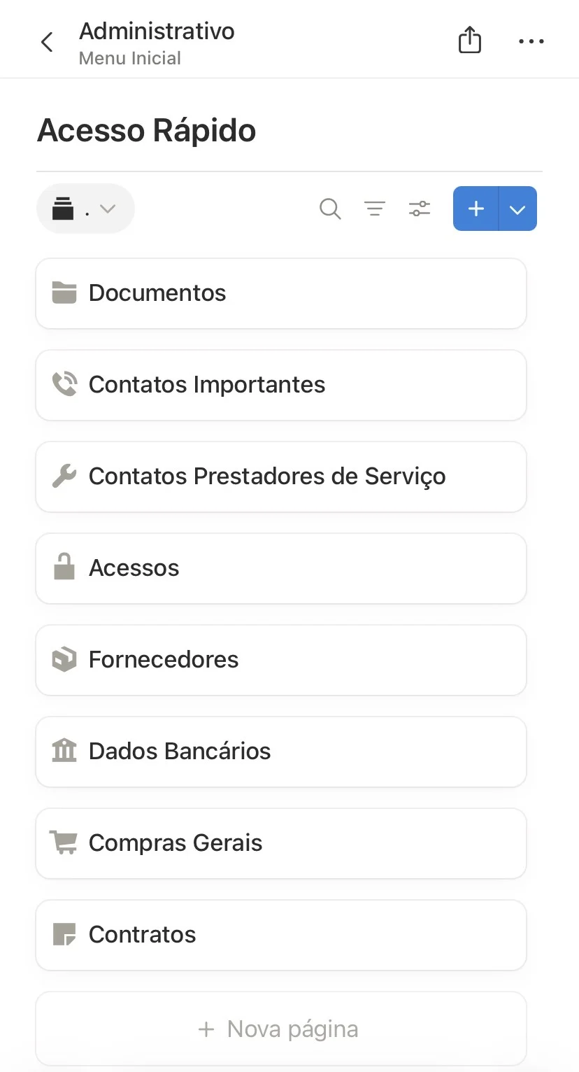 Acesso rápido do setor administrativo no Sistema Clarez pelo celular: documentos, contatos, acessos, fornecedores, dados bancários, compras e contratos